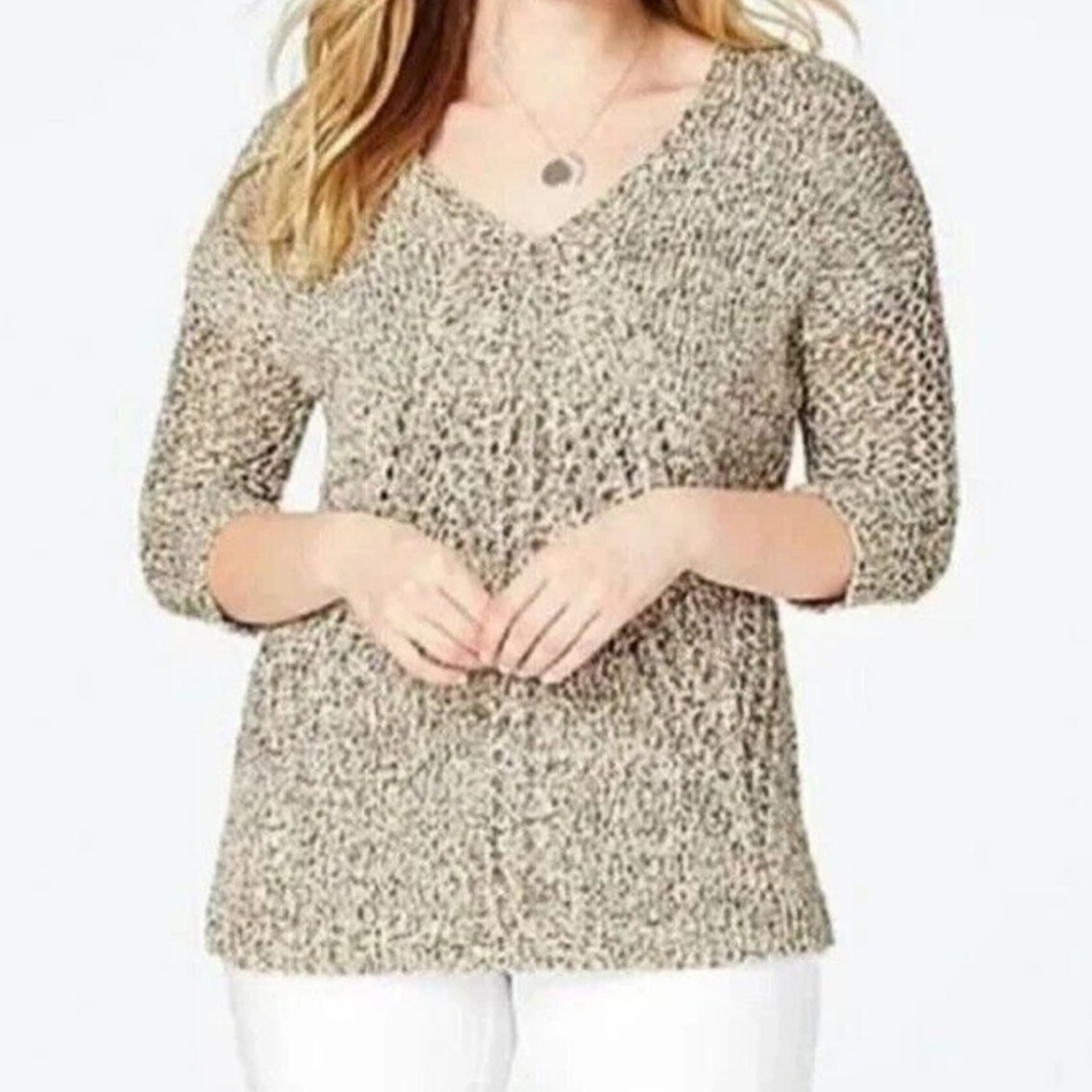 J.Jill Women Sweater Top Chunky Knit Open Weave 3/4 Sleeve V-Neck Pullover Sz S